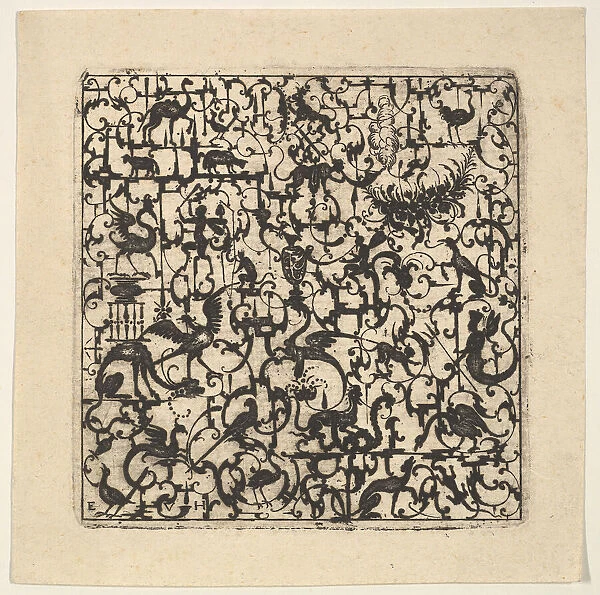 Square Blackwork Design in Silhouette Style with Schweifwerk and Grotesque Figures, 1617