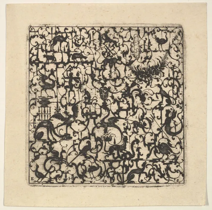 Framed Print : Square Blackwork Design in Silhouette Style with Schweifwerk and Grotesque Figures, 1617 Framed Print : Square Blackwork Design in Silhouette Style with Schweifwerk and Grotesque Figures, 1617