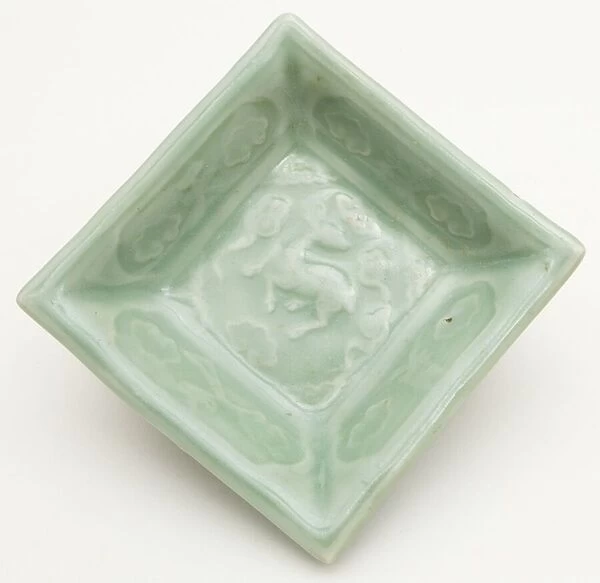 Square Dish with Symbols of Longevity and Immortality (Deer, Bats... Yuan dynasty (1271-1368). Creator: Unknown