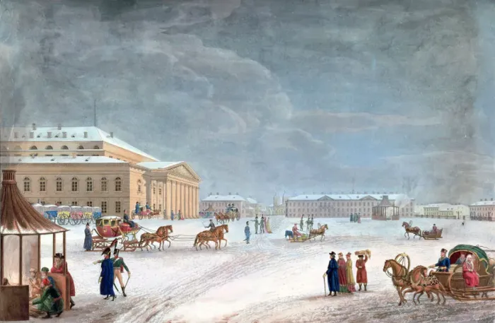 Framed Print : Square and the Grand Theatre at St Petersburg, 1817. Artist: John Clark Framed Print : Square and the Grand Theatre at St Petersburg, 1817. Artist: John Clark