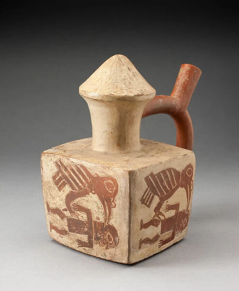 Square Handle Spout Vessel with Image of a Man Attacked by a Bird, 100 B. C.  /  A. D. 500