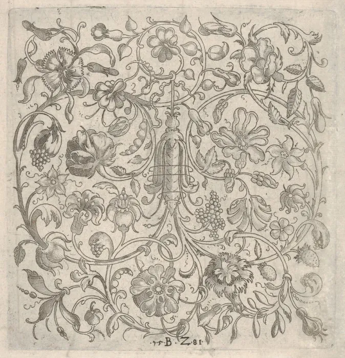 Framed Print : Square Panel with Vegetal Scrollwork, Flowers and Fruits, 1581. Creator: Bernhard Zan