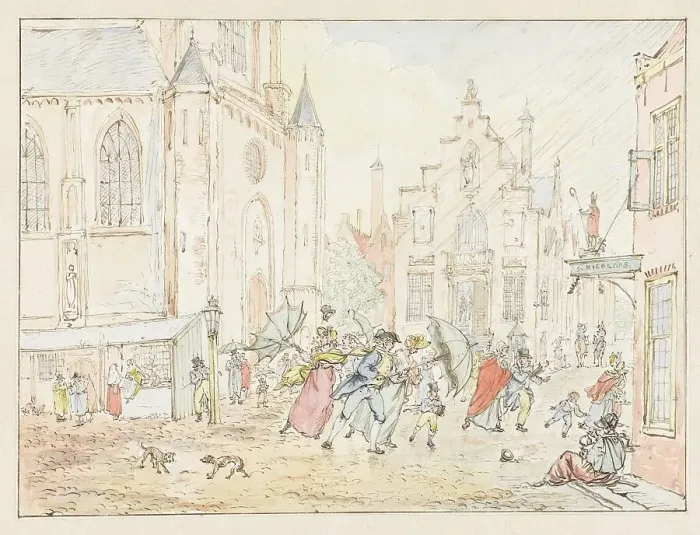 Framed Print : Square with people in the rain, 1782-1837. Creator: Pieter Bartholomeusz. Barbiers Framed Print : Square with people in the rain, 1782-1837. Creator: Pieter Bartholomeusz. Barbiers