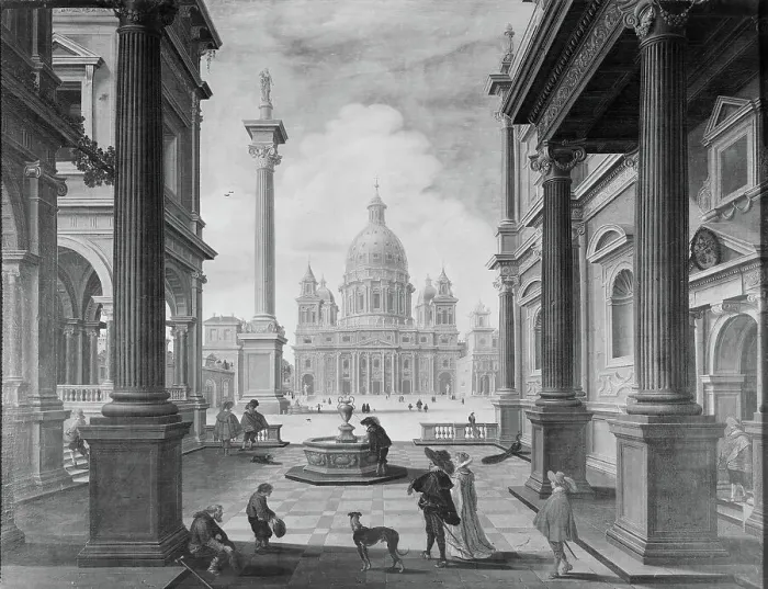 Framed Print : Square in front of a Renaissance Church (Saint Peter's Basilica, Rome), 1623. Creators: Bartholomeus van Bassen, Esaias van de Velde Framed Print : Square in front of a Renaissance Church (Saint Peter's Basilica, Rome), 1623. Creators: Bartholomeus van Bassen, Esaias van de Velde