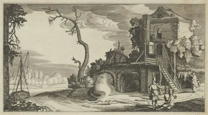 Framed Print : Square Tower Used as Inn near a River, ca. 1641. Creators: Jan van de Velde II, Claes Jansz Visscher Framed Print : Square Tower Used as Inn near a River, ca. 1641. Creators: Jan van de Velde II, Claes Jansz Visscher