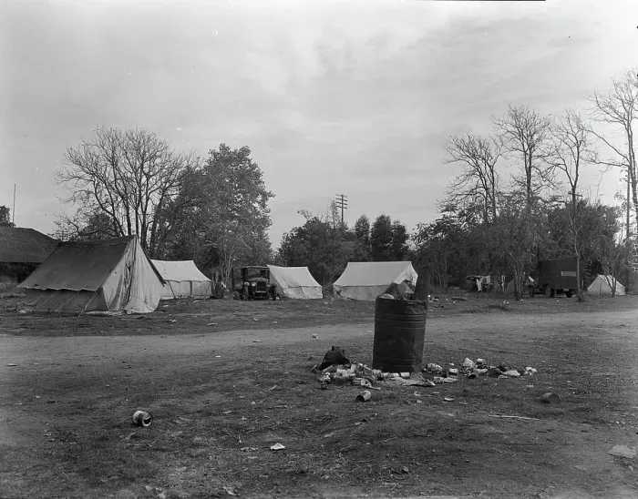 Framed Print : Squatters camp near Farmersville, Tulare County, California, 1936. Creator: Dorothea Lange Framed Print : Squatters camp near Farmersville, Tulare County, California, 1936. Creator: Dorothea Lange