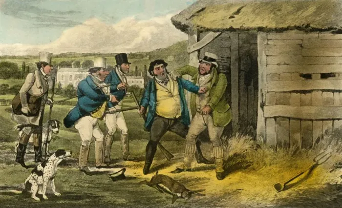 Framed Print : Squire Cheatums Keeper attacks the Murderer of Old Tom, 1838. Artist: Henry Thomas Alken Framed Print : Squire Cheatums Keeper attacks the Murderer of Old Tom, 1838. Artist: Henry Thomas Alken
