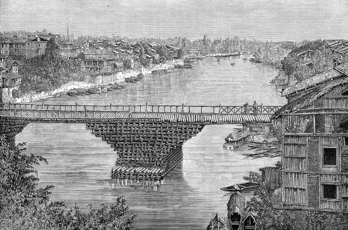Framed Print : The Srinagar Bridge over the river Jhelum, Pakistan, 1895 Framed Print : The Srinagar Bridge over the river Jhelum, Pakistan, 1895