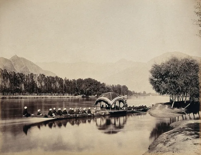 Framed Print : Srinagar, Kashmir: a large rowing boat proceeding along an inland waterway, c1870s. Creator: Samuel Bourne Framed Print : Srinagar, Kashmir: a large rowing boat proceeding along an inland waterway, c1870s. Creator: Samuel Bourne