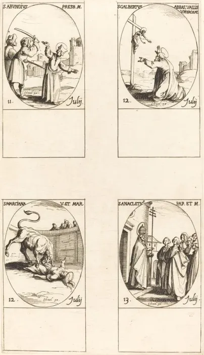 Framed Print : St. Abundius; St. Galbertus; St. Marciana; St. Anacletus. Creator: Jacques Callot Framed Print : St. Abundius; St. Galbertus; St. Marciana; St. Anacletus. Creator: Jacques Callot