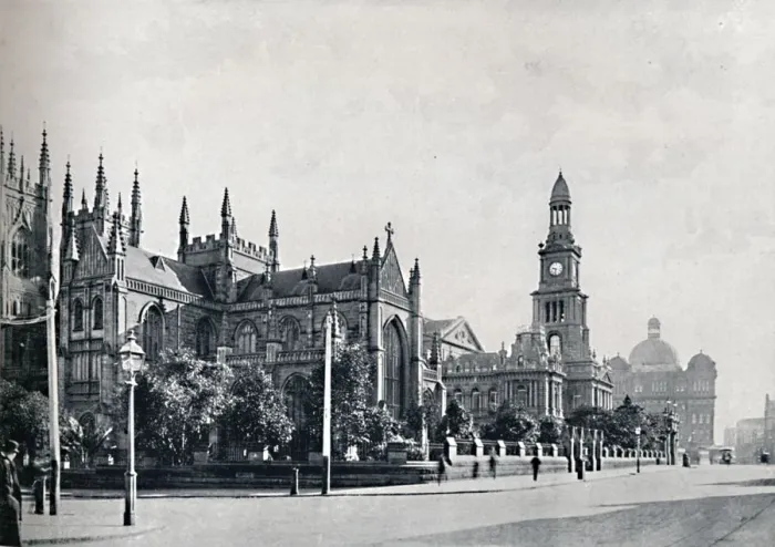 Framed Print : St. Andrews Cathedral, Sydney Town Hall, and Market Buildings, c1900. Creator: Unknown Framed Print : St. Andrews Cathedral, Sydney Town Hall, and Market Buildings, c1900. Creator: Unknown