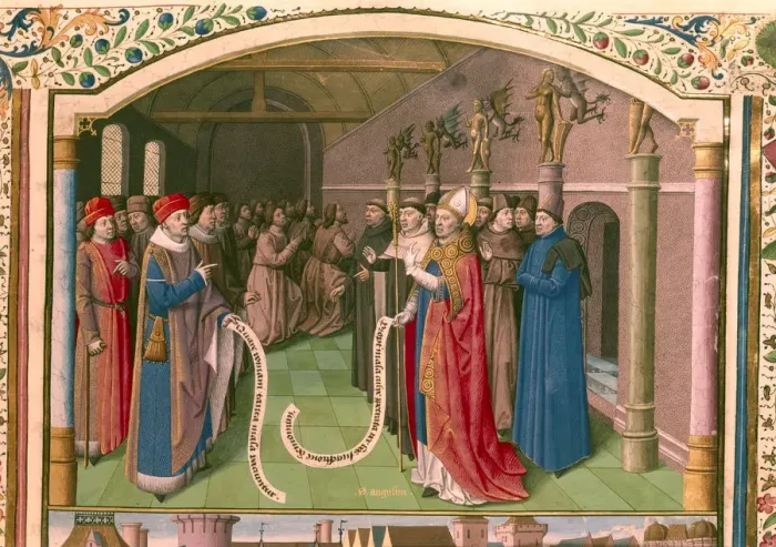 Framed Print : St Augustin, Bishop of Hippo in discussion Framed Print : St Augustin, Bishop of Hippo in discussion