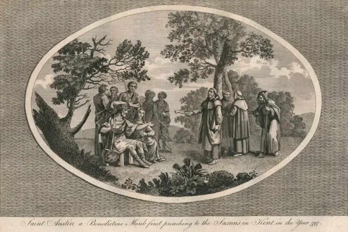 Framed Print : St Augustine, a Benedictine monk, first preaching to the Saxons in Kent, 597 (1793) Framed Print : St Augustine, a Benedictine monk, first preaching to the Saxons in Kent, 597 (1793)