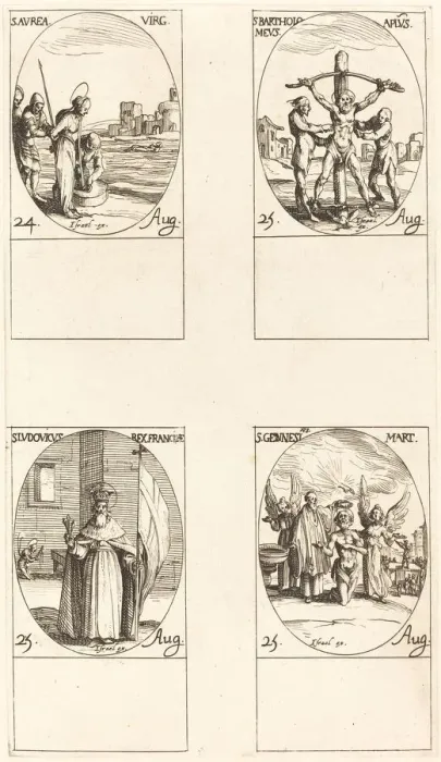 Framed Print : St. Aurea; St. Bartholomew; St. Louis; St. Genesius. Creator: Jacques Callot Framed Print : St. Aurea; St. Bartholomew; St. Louis; St. Genesius. Creator: Jacques Callot