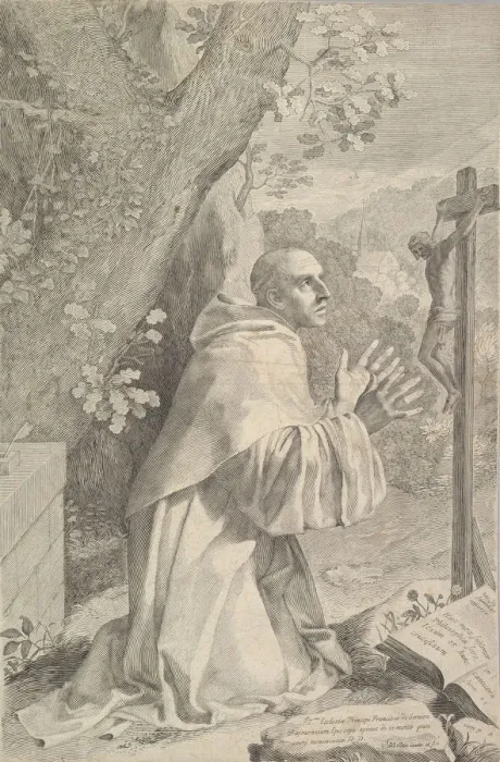 Framed Print : St. Bernard Kneeling Before a Crucifix, ca. 1655. Creator: Claude Mellan Framed Print : St. Bernard Kneeling Before a Crucifix, ca. 1655. Creator: Claude Mellan