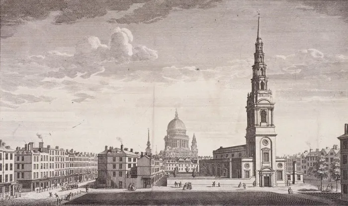 Framed Print : St Bride, London, 1753. Artist: James B Allen Framed Print : St Bride, London, 1753. Artist: James B Allen