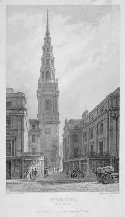 Framed Print : St Brides Church, Fleet Street, City of London, 1839. Artist: John Le Keux Framed Print : St Brides Church, Fleet Street, City of London, 1839. Artist: John Le Keux