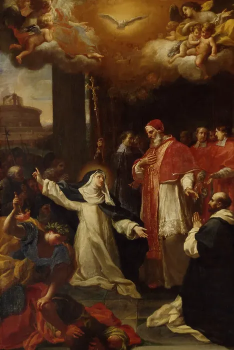 Framed Print : St Catherine Imploring Pope Gregory XI to Return from Avignon to Rome, early-mid 18th century. Creator: Marco Benefial Framed Print : St Catherine Imploring Pope Gregory XI to Return from Avignon to Rome, early-mid 18th century. Creator: Marco Benefial
