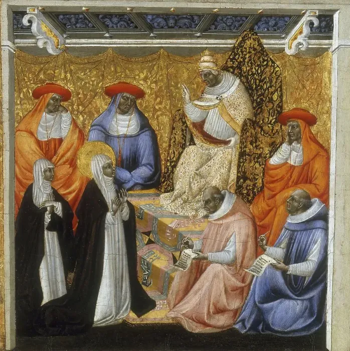 Framed Print : St. Catherine before the Pope at Avignon, 1460. Creator: Giovanni di Paolo Framed Print : St. Catherine before the Pope at Avignon, 1460. Creator: Giovanni di Paolo