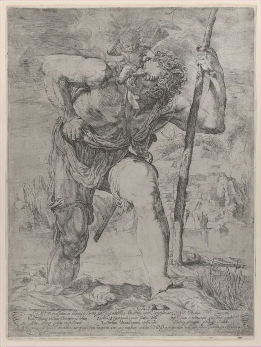 Framed Print : St Christopher carrying the Christ Child, early 16th century. Creator: Unknown Framed Print : St Christopher carrying the Christ Child, early 16th century. Creator: Unknown