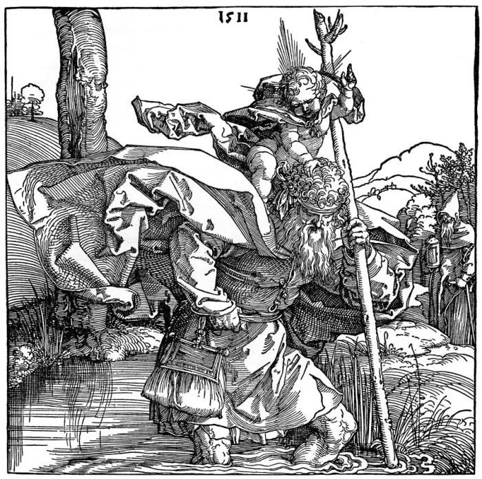 Framed Print : St Christopher carrying the Infant Christ, 1511, (1936). Artist: Albrecht Durer Framed Print : St Christopher carrying the Infant Christ, 1511, (1936). Artist: Albrecht Durer