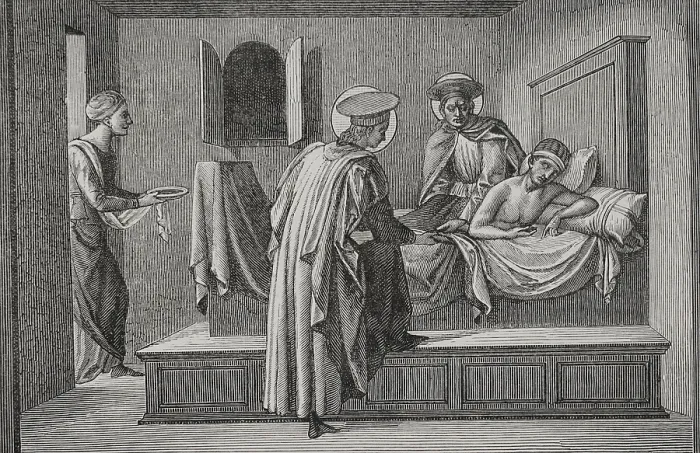 Framed Print : St Cosmas and St Damian visiting a sick person and administering aid, 1877. Creator: Jules Jean Marie Joseph Huyot Framed Print : St Cosmas and St Damian visiting a sick person and administering aid, 1877. Creator: Jules Jean Marie Joseph Huyot