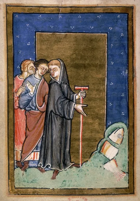 Framed Print : St Cuthbert shows a dolphin sliced in three and ready for cooking, 1200. Creator: Unknown Framed Print : St Cuthbert shows a dolphin sliced in three and ready for cooking, 1200. Creator: Unknown