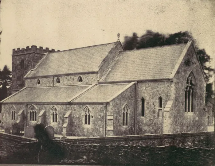 Framed Print : St. Cyriac Church at Lacock Abbey, Ghost Figure of Man in a Top Hat in Foreground, 1850s Framed Print : St. Cyriac Church at Lacock Abbey, Ghost Figure of Man in a Top Hat in Foreground, 1850s