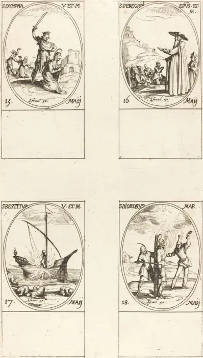 Framed Print : St. Dympna; St. Peregrinus; St. Restituta; St. Dioscorus. Creator: Jacques Callot Framed Print : St. Dympna; St. Peregrinus; St. Restituta; St. Dioscorus. Creator: Jacques Callot
