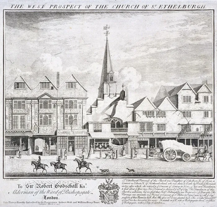 Framed Print : St Ethelburga-the-Virgin within Bishopsgate, London, 1736. Artist: William Henry Toms Framed Print : St Ethelburga-the-Virgin within Bishopsgate, London, 1736. Artist: William Henry Toms
