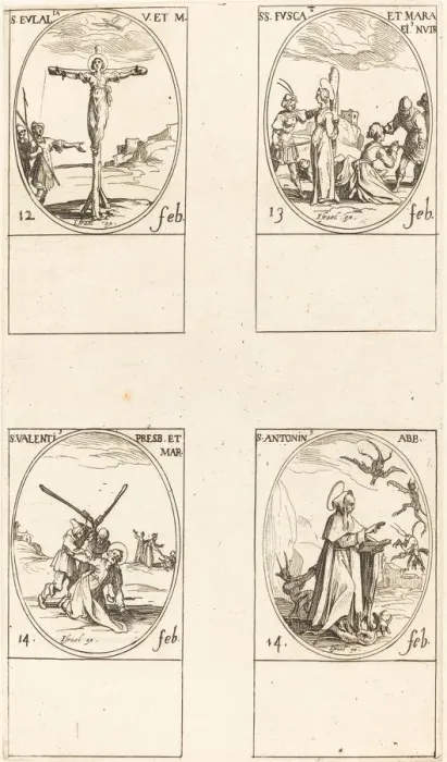 Framed Print : St. Eulalia; St. Fusca and Maura; St. Valentine; St. Anthony. Creator: Jacques Callot Framed Print : St. Eulalia; St. Fusca and Maura; St. Valentine; St. Anthony. Creator: Jacques Callot