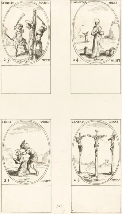Framed Print : St. Fidelis; St. Agapetus; St. Dula; St. Latro Dimas. Creator: Jacques Callot Framed Print : St. Fidelis; St. Agapetus; St. Dula; St. Latro Dimas. Creator: Jacques Callot