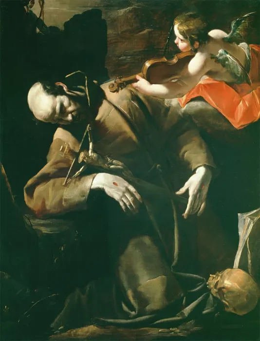 Framed Print : St. Francis of Assisi in Ecstasy before a Cherub with a Violin, between 1628 and 1630. Creator: Gioacchino Assereto
