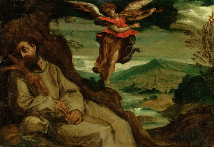 Framed Print : St. Francis comforted by an angel, 1600-1620. Creator: Unknown Framed Print : St. Francis comforted by an angel, 1600-1620. Creator: Unknown