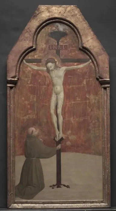 Framed Print : St. Francis Kneeling before Christ on the Cross, 1437-1444. Creator: Sassetta (Italian, 1392-1450) Framed Print : St. Francis Kneeling before Christ on the Cross, 1437-1444. Creator: Sassetta (Italian, 1392-1450)