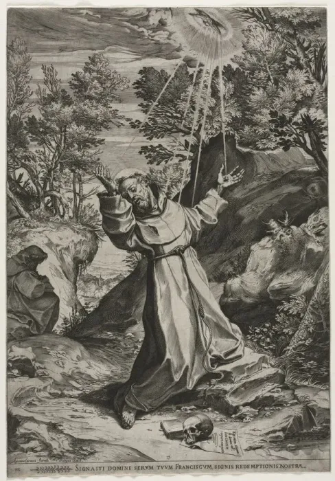 Framed Print : St. Francis Receiving the Stigmata, 1586. Creator: Agostino Carracci (Italian, 1557-1602)
