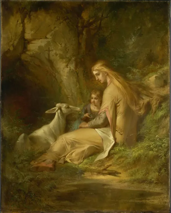 Framed Print : St. Genevieve of Brabant in the Forest, 1860s. Creator: George Frederick Bensell Framed Print : St. Genevieve of Brabant in the Forest, 1860s. Creator: George Frederick Bensell