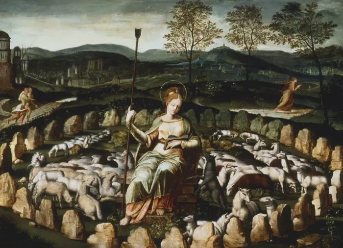 Framed Print : St Genevieve gardant ses moutons ( St Genevieve watching her Flock ), 16th century Framed Print : St Genevieve gardant ses moutons ( St Genevieve watching her Flock ), 16th century