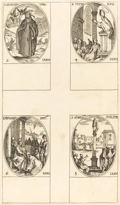 Framed Print : St. Genevieve; St. Titus; St. Simeon Stylites; Epiphany. Creator: Jacques Callot Framed Print : St. Genevieve; St. Titus; St. Simeon Stylites; Epiphany. Creator: Jacques Callot