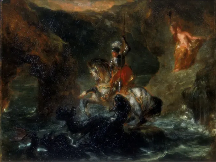 Framed Print : St George Fighting the Dragon or Perseus Delivering Andromeda, 1847. Artist: Eugene Delacroix