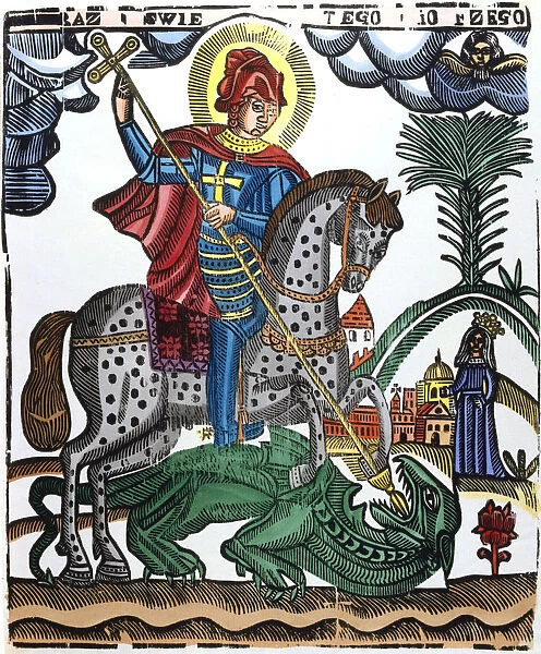 St George, mounted on a spotted horse, killing the dragon, 19th century