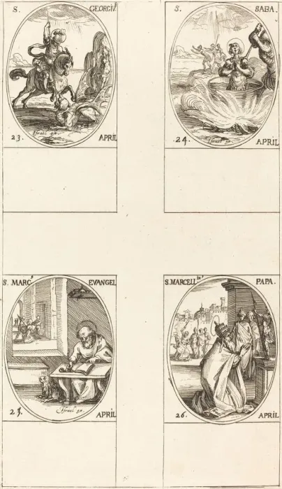 Framed Print : St. George; St. Sabas; St. Mark, Evangelist; St. Marcellin. Creator: Jacques Callot Framed Print : St. George; St. Sabas; St. Mark, Evangelist; St. Marcellin. Creator: Jacques Callot