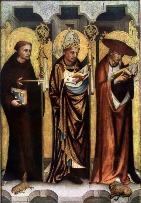 Framed Print : St Giles, St Gregory, and St Jerome, c1380 (1955). Artist: Master of the Trebon Altarpiece Framed Print : St Giles, St Gregory, and St Jerome, c1380 (1955). Artist: Master of the Trebon Altarpiece