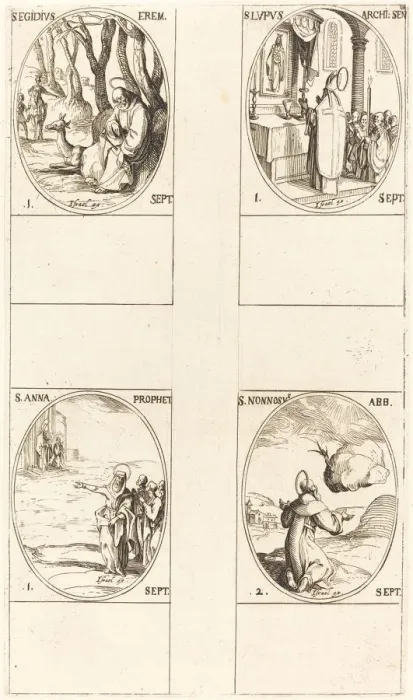Framed Print : St. Giles; St. Lupus; St. Anne; St. Nonnosus. Creator: Jacques Callot Framed Print : St. Giles; St. Lupus; St. Anne; St. Nonnosus. Creator: Jacques Callot