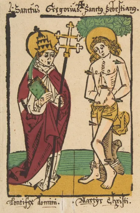 Framed Print : St. Gregory and St. Sebastian (Schr. 1493x), 15th century. 15th century. Creator: Anon Framed Print : St. Gregory and St. Sebastian (Schr. 1493x), 15th century. 15th century. Creator: Anon