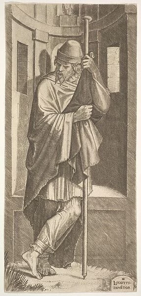 St. James Major leaning on a pole before a niche, his left leg crossed over his right