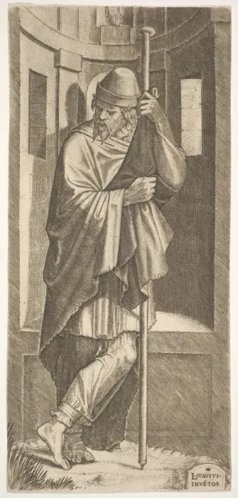 Framed Print : St. James Major leaning on a pole before a niche, his left leg crossed over his right Framed Print : St. James Major leaning on a pole before a niche, his left leg crossed over his right