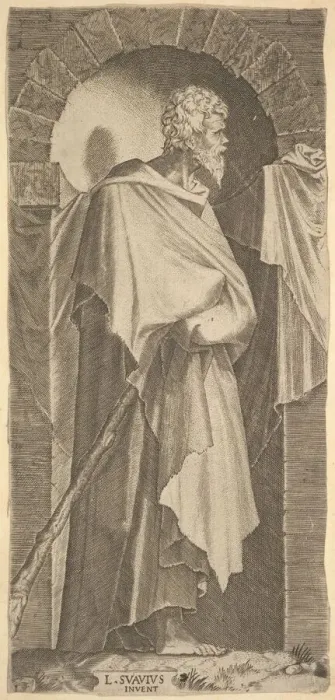 Framed Print : St. James Minor(?) in an arcuated niche, holding a walking stick in his hands Framed Print : St. James Minor(?) in an arcuated niche, holding a walking stick in his hands