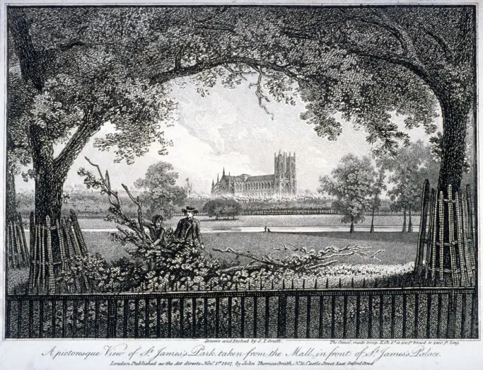 Framed Print : St James Park, from the Mall in front of St Jamess Palace, Westminster, London, 1807 Framed Print : St James Park, from the Mall in front of St Jamess Palace, Westminster, London, 1807