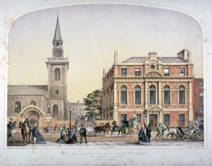 Framed Print : St Jamess Church, Piccadilly and the new vestry hall, London, c1856 Framed Print : St Jamess Church, Piccadilly and the new vestry hall, London, c1856